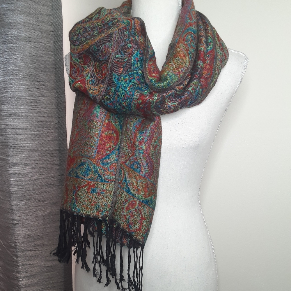 Pashmina 100% Scarf Paisley Wrap Tassles Blue